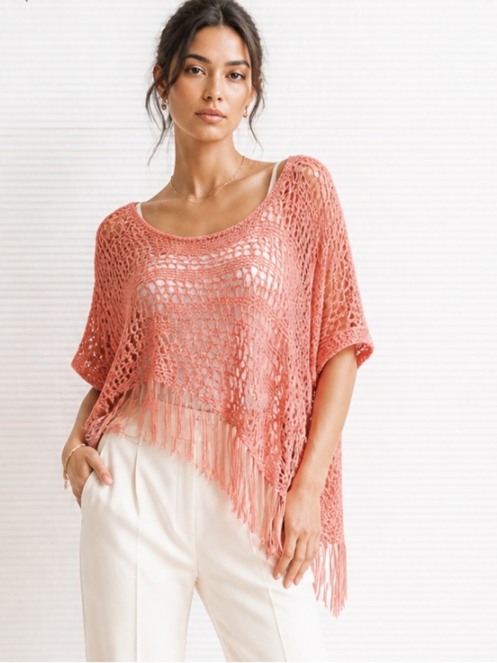 LAPIS Sweater Boho Crocheted Fringe Peach Pink Pullover Loose Knit OS